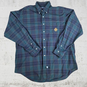 90s Vintage Ralph Lauren Black Watch Plaid Crest Classic Button Up Shirt Size XL